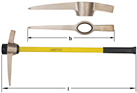 Composite showing three images of a bronze miner's pick with a yellow fiberglass handle and black grip. Top image features a profile of the pick head with a long pointed end and a stubby flat chisel end.  The middle image shows the pick head with pointed 